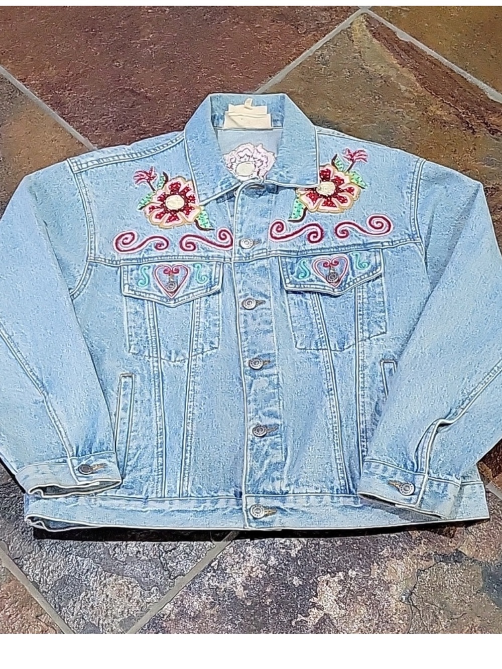 Double D Ranch Wear Floral Embroidered Embellished Jean Jacket SZ M